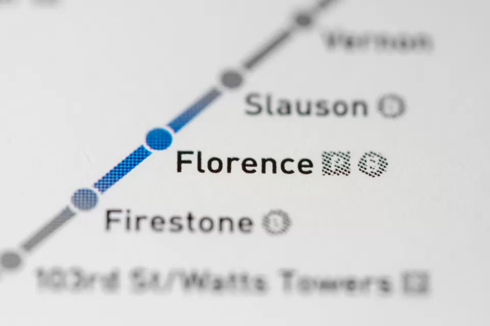 A map of the A Line in Los Angeles near where it passes the Florence Station.